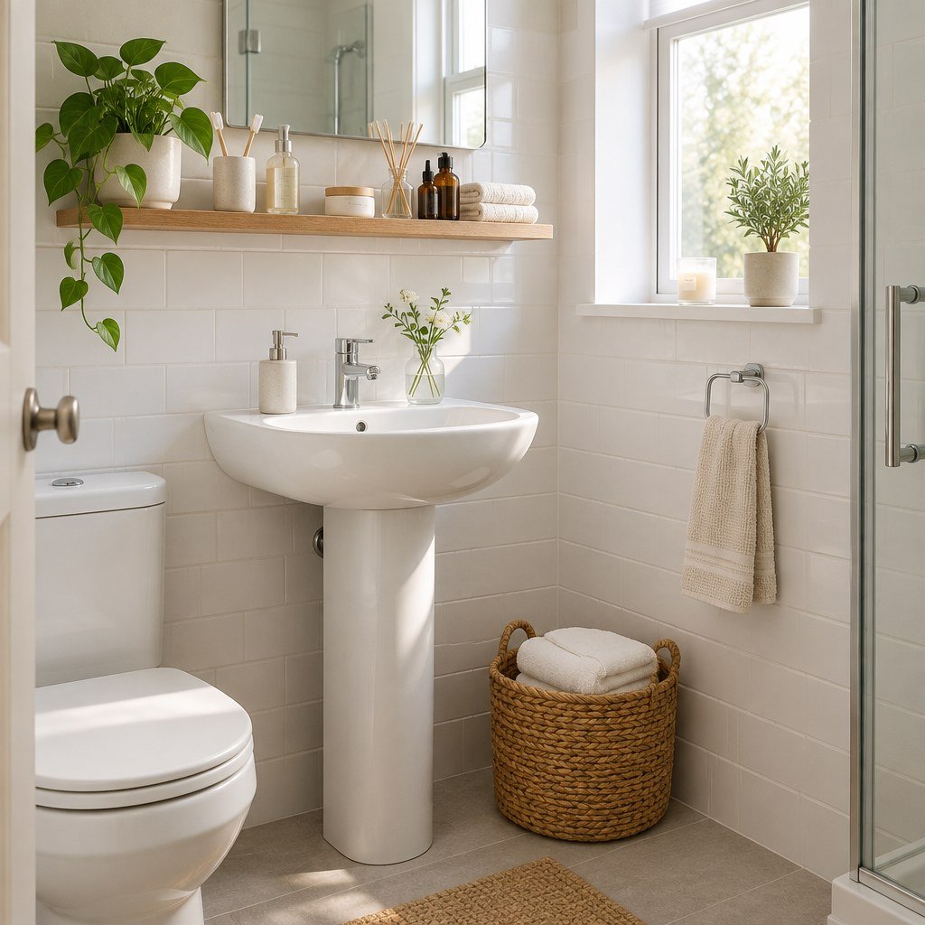 Cozy small bathroom with a floating shelf and neatly arranged toiletries