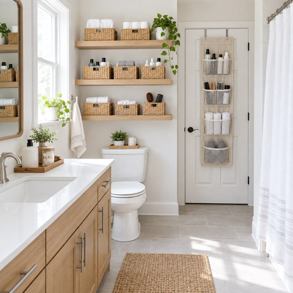 Fully organized small bathroom with labeled baskets and floating shelves