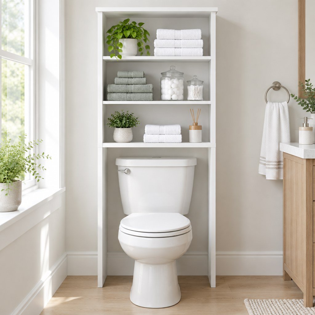 Slim white over-the-toilet storage cabinet with open shelves