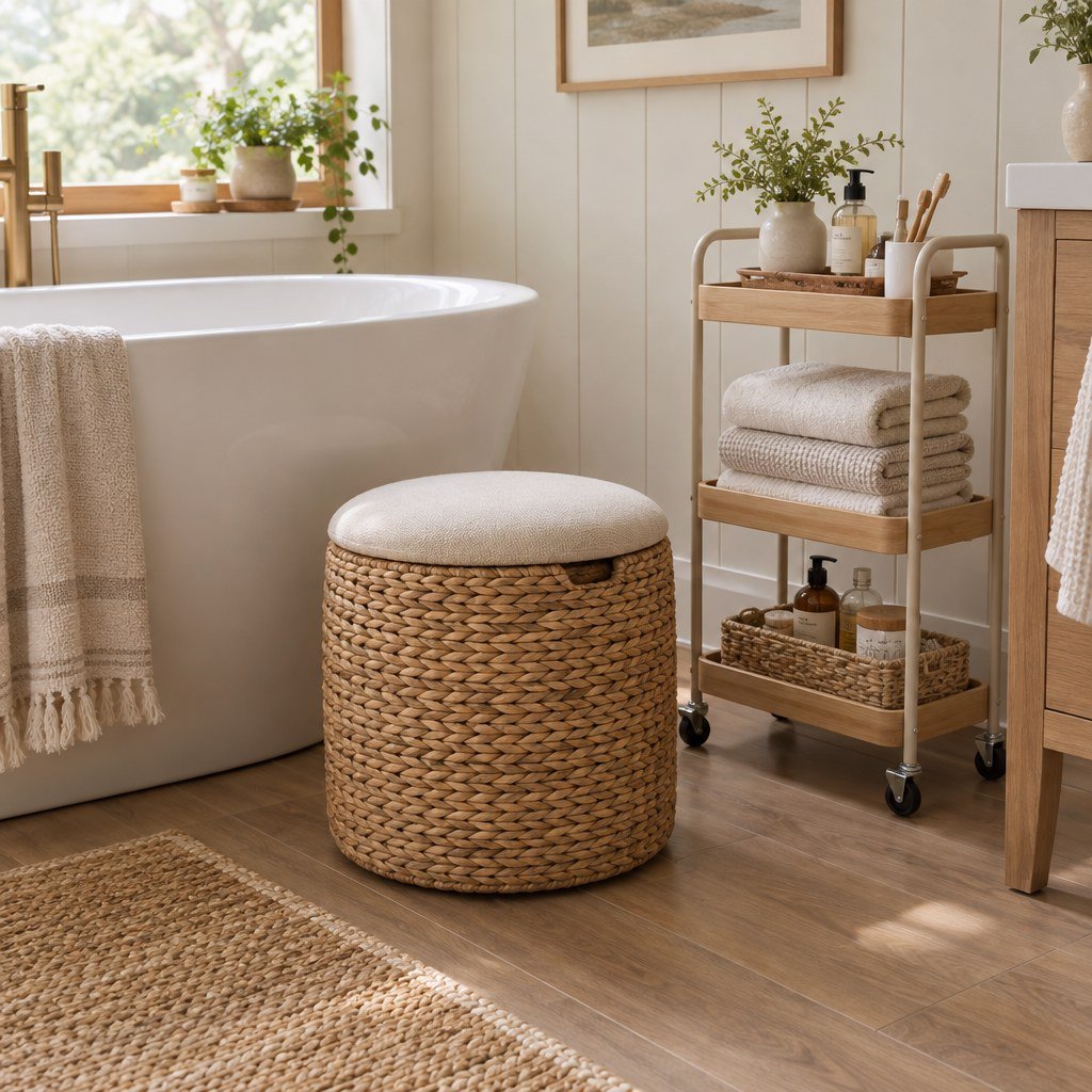 Woven storage ottoman and rolling cart beside a bathtub