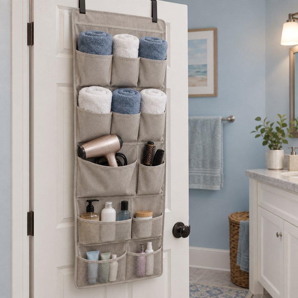 Fabric over-the-door organizer holding towels and toiletries