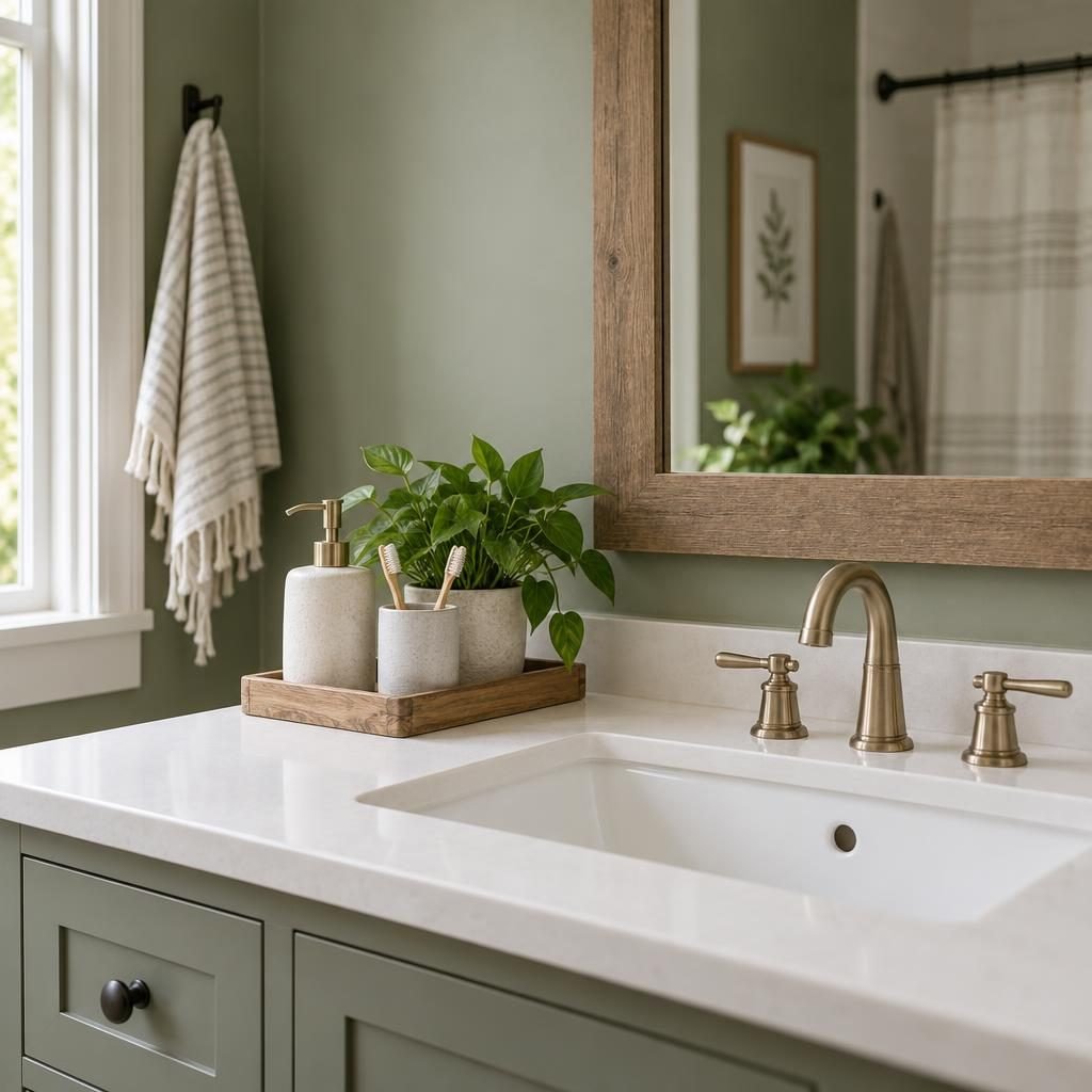Tidy vanity counter with one wooden tray holding a soap dispenser, a toothbrush cup and a plant
