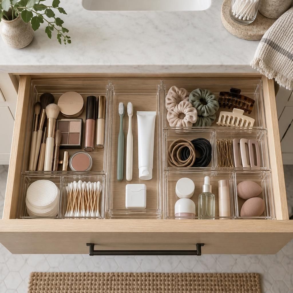 Bathroom vanity drawer organized with clear acrylic dividers for makeup, dental care and hair accessories
