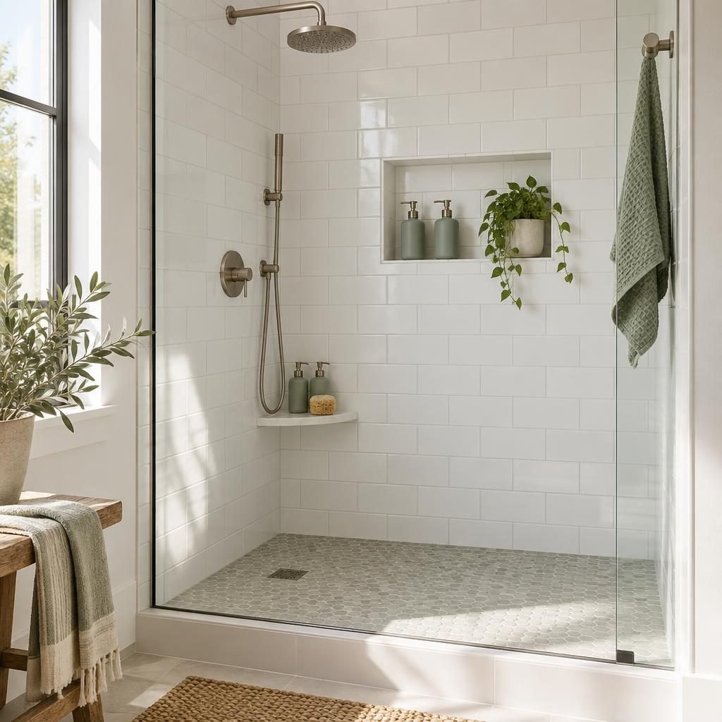 Walk-in shower with a built-in niche and corner shelf holding matching pump bottles and a hanging washcloth