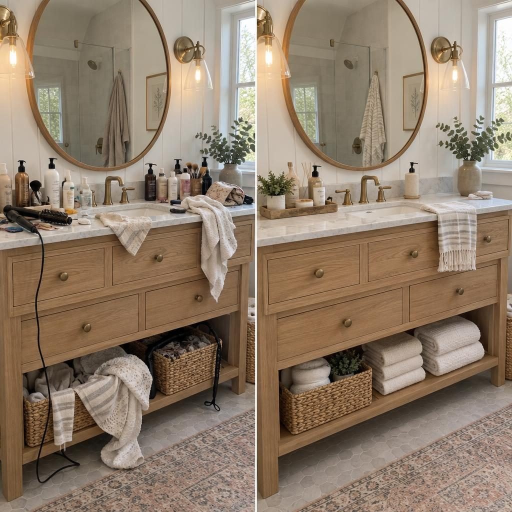 Bathroom before and after: cluttered vanity with bottles and towels next to the same bathroom organized with a tray, baskets and rolled towels