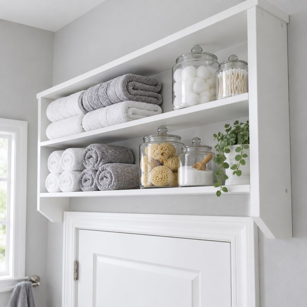 Narrow wall-mounted shelving in a small bathroom holding towels and jars