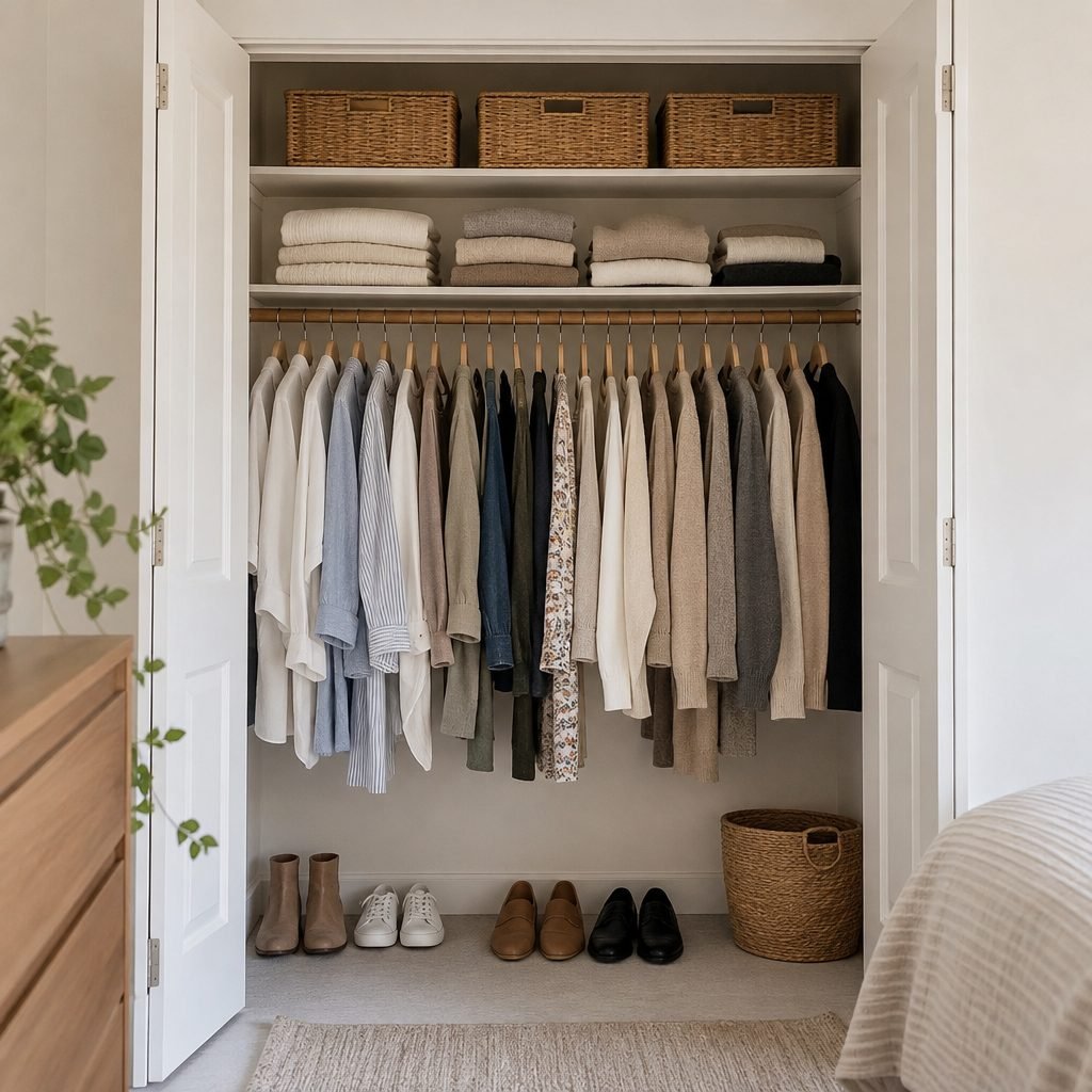 Decluttered closet with matching hangers and folded sweaters