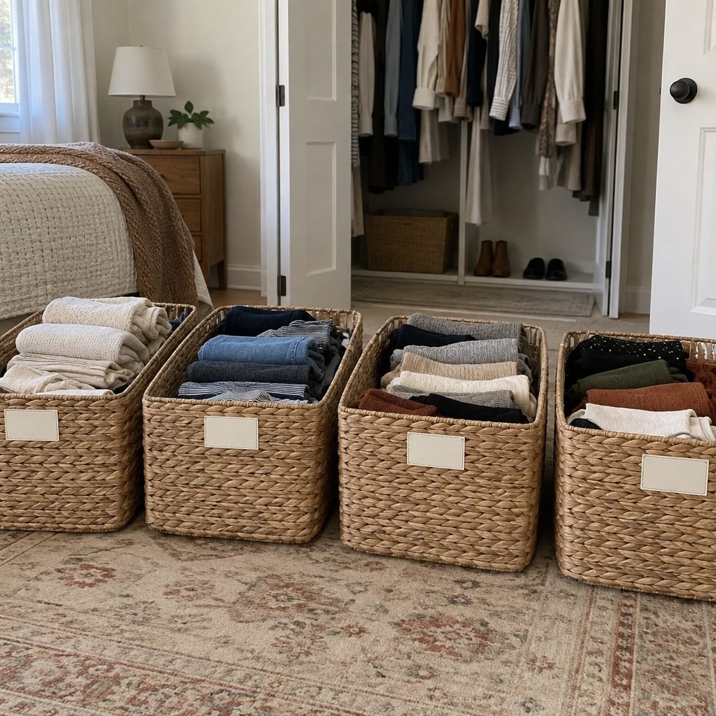 Four woven baskets on a bedroom floor holding sorted piles of folded clothes during a closet clean out