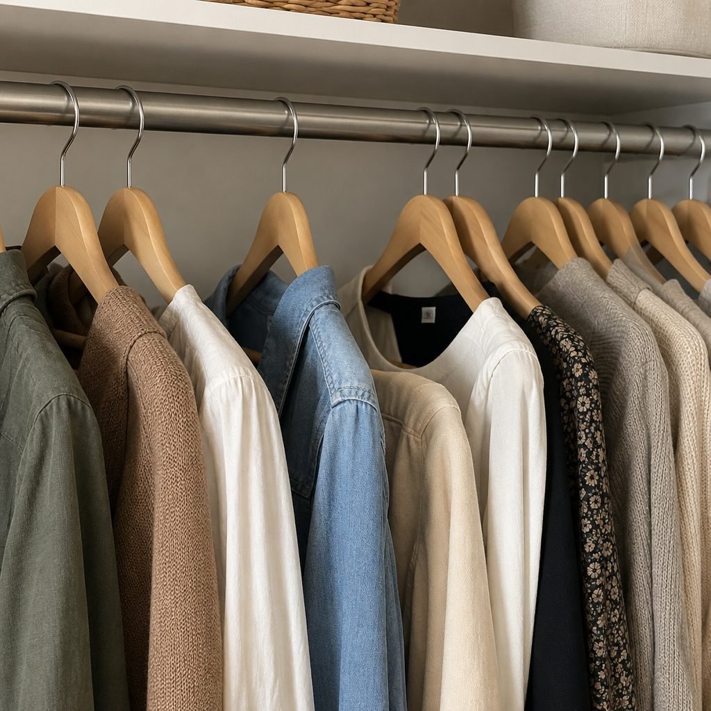 Row of clothes on matching wooden hangers on a closet rod