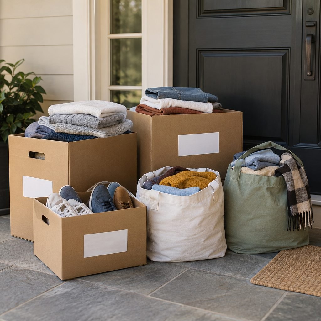 Boxes and fabric bags of folded clothes and shoes by the front door, ready to donate