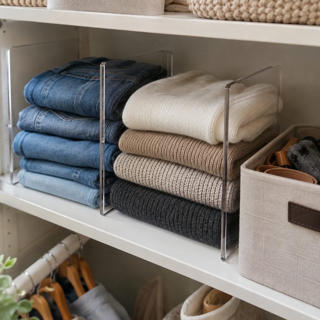 Folded jeans and sweaters on a closet shelf separated by clear shelf dividers, with a fabric bin for accessories
