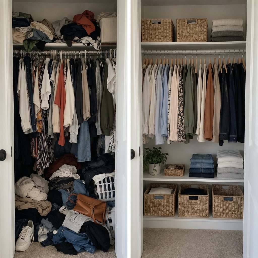 Closet before and after a clean out: an overstuffed messy closet next to the same closet decluttered and organized