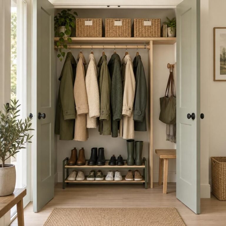 Coat closet organization: hall closet with coats on matching wooden hangers, labeled baskets on the top shelf and a shoe rack on the floor