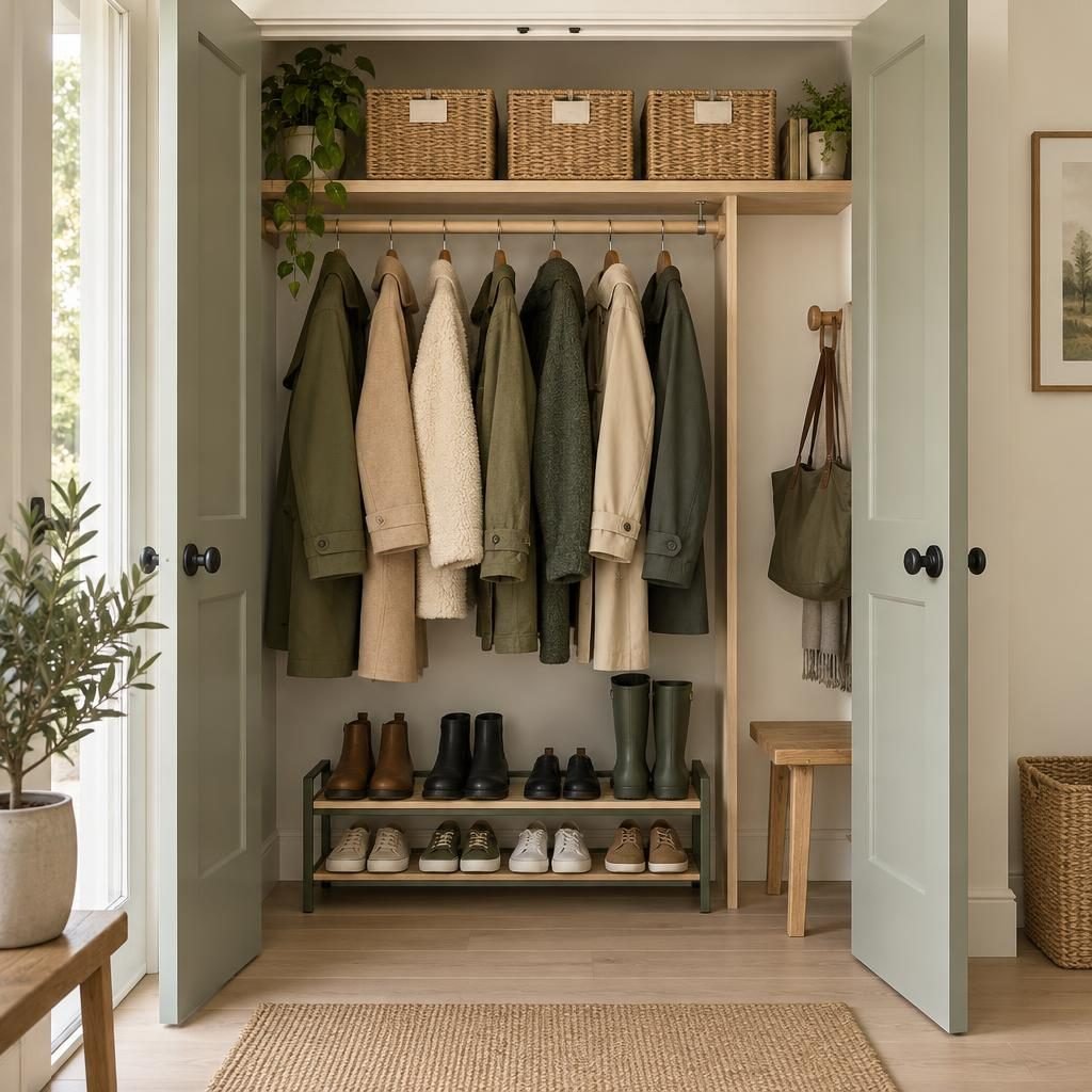Coat closet organization: hall closet with coats on matching wooden hangers, labeled baskets on the top shelf and a shoe rack on the floor