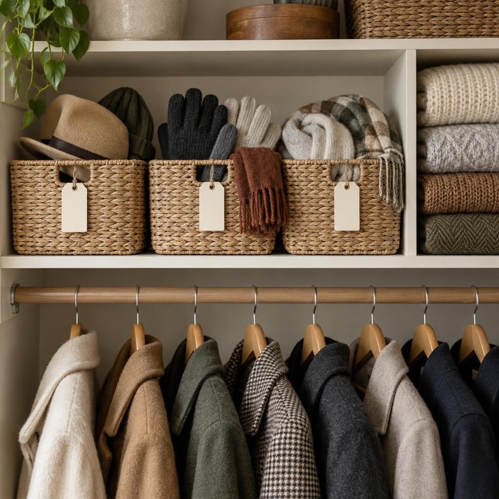 Top shelf of a coat closet with woven baskets and tag labels holding hats, gloves and scarves above coats on wooden hangers