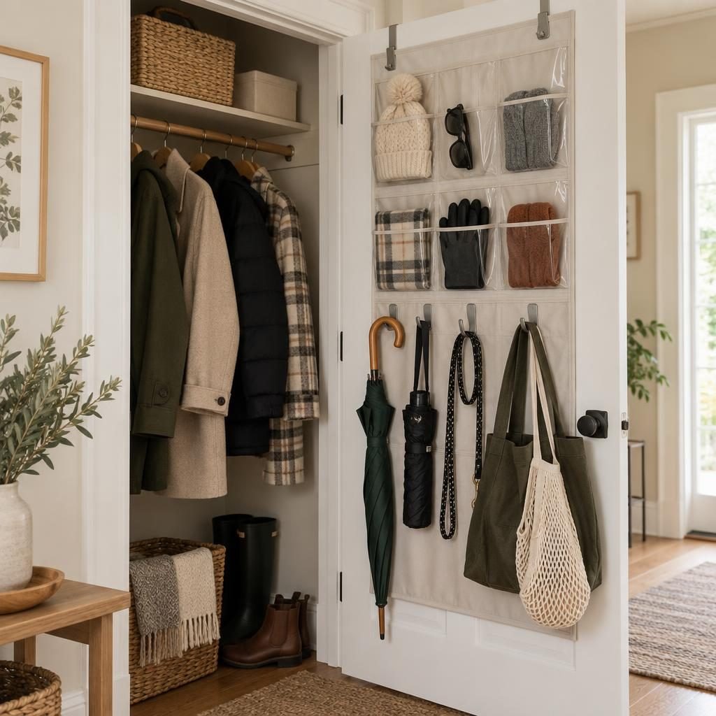 Over-the-door organizer inside a coat closet holding hats, gloves, an umbrella, a dog leash and tote bags