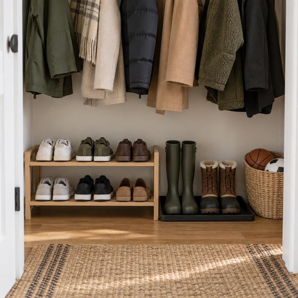 Coat closet floor with a two-tier wooden shoe rack, a boot tray with rain boots and winter boots and a basket of sports balls