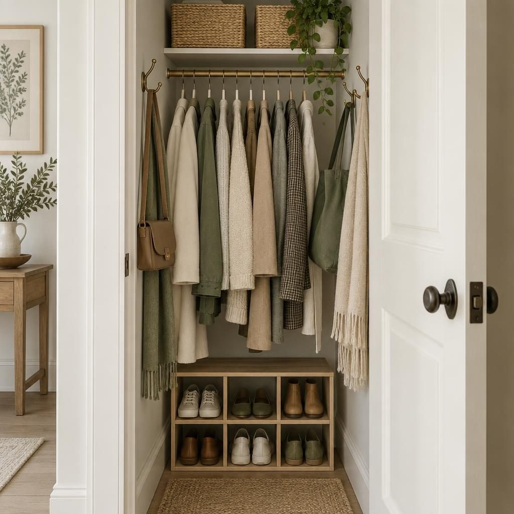 Small coat closet organization: narrow closet with slim hangers, side wall hooks for bags and scarves, baskets above and a shoe cubby