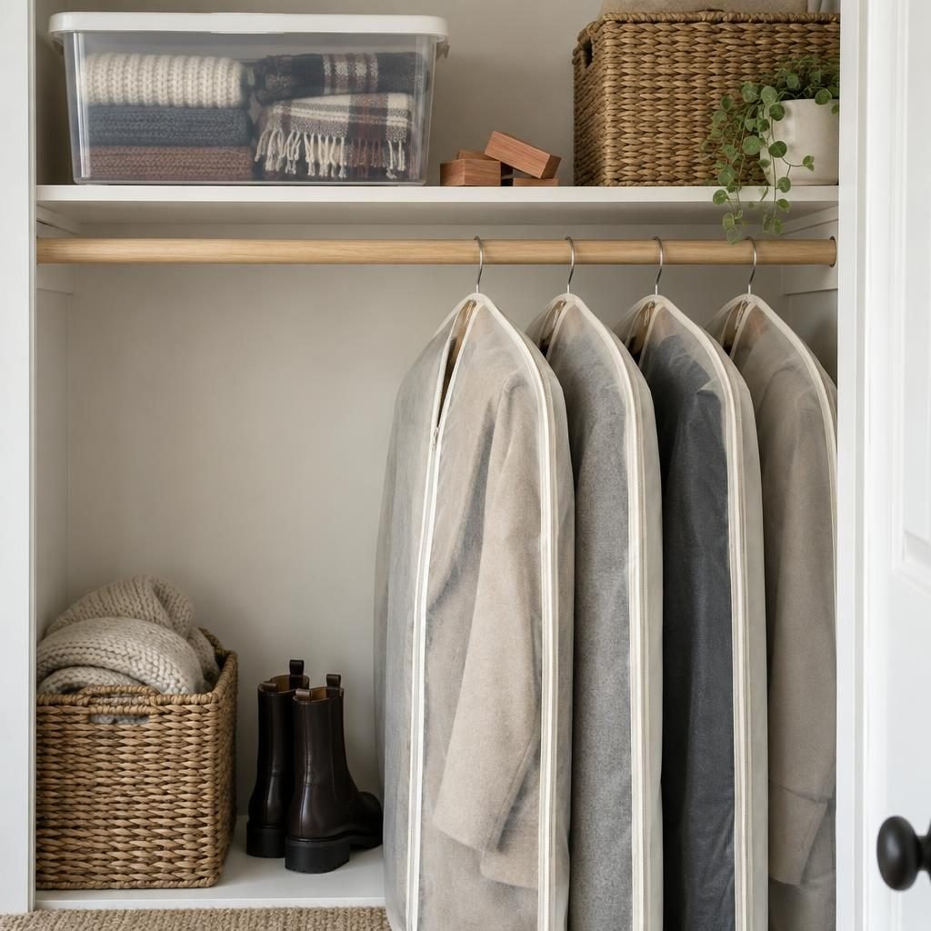 Off-season coats in breathable garment bags with a clear bin of knit hats and scarves on the shelf above