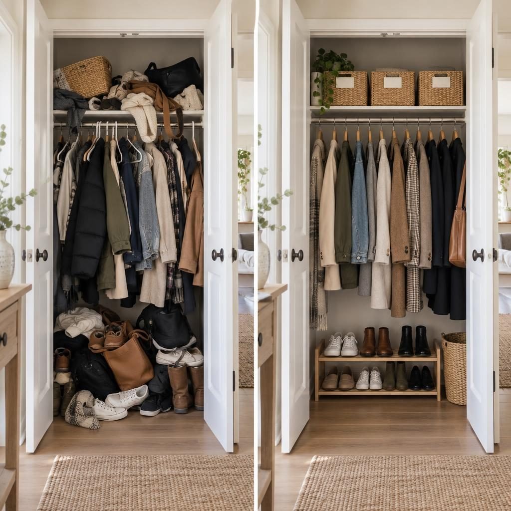Coat closet before and after: an overstuffed closet with coats, bags and shoes piled up next to the same closet neatly organized