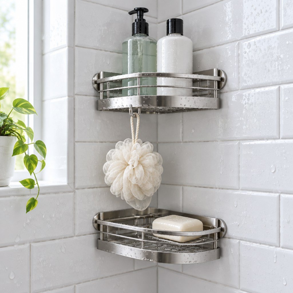 Stainless steel corner shower caddy holding shampoo and soap