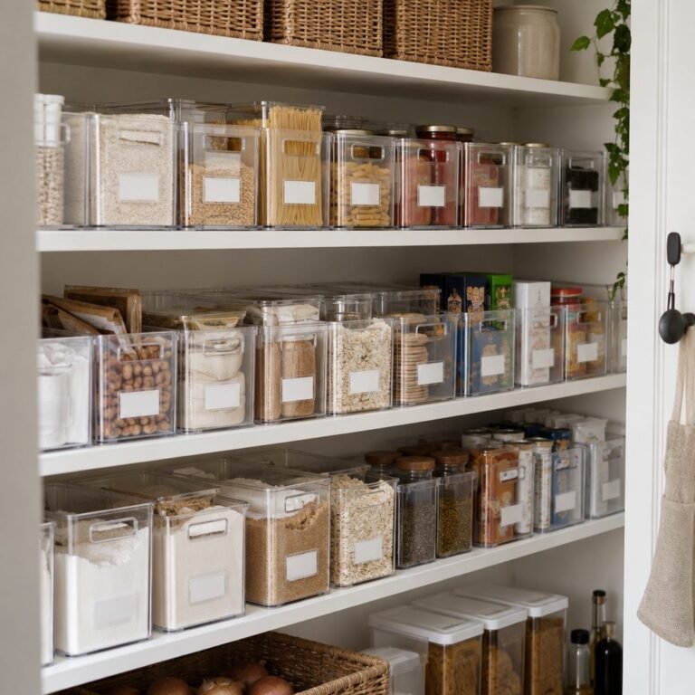 How to organize a pantry with deep shelves: deep white pantry shelves organized with rows of clear bins, one food category per bin