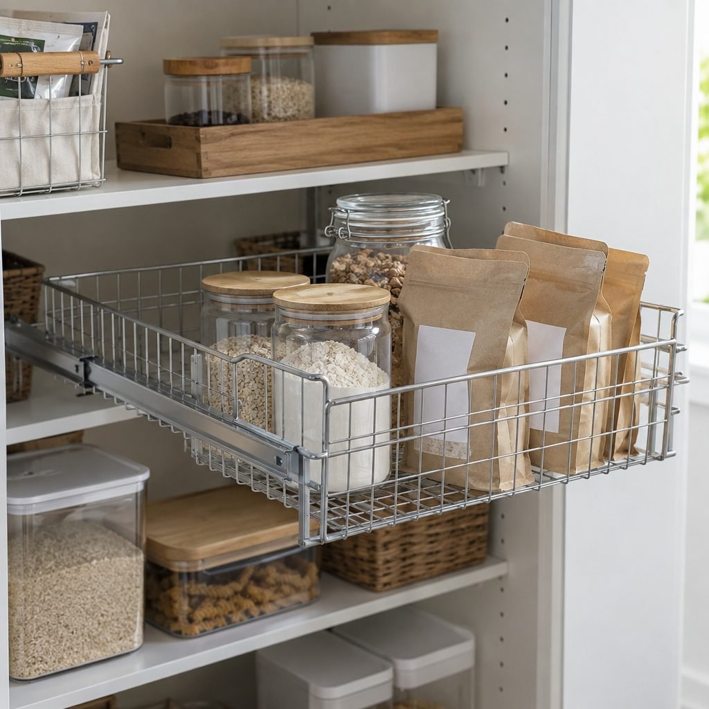 Sliding pull-out drawer on a deep pantry shelf pulled halfway out to reach jars at the back