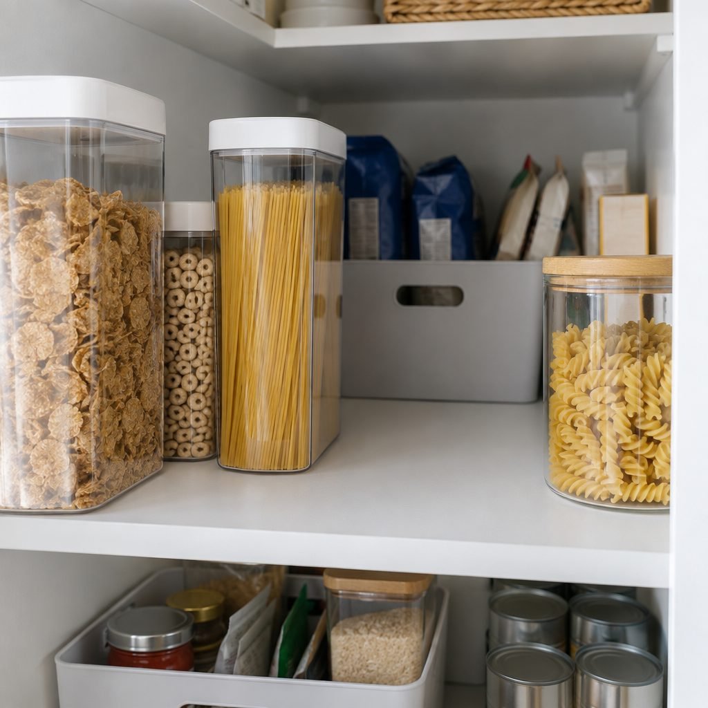 Deep pantry shelf with everyday food at the front and backup packages in a bin at the back