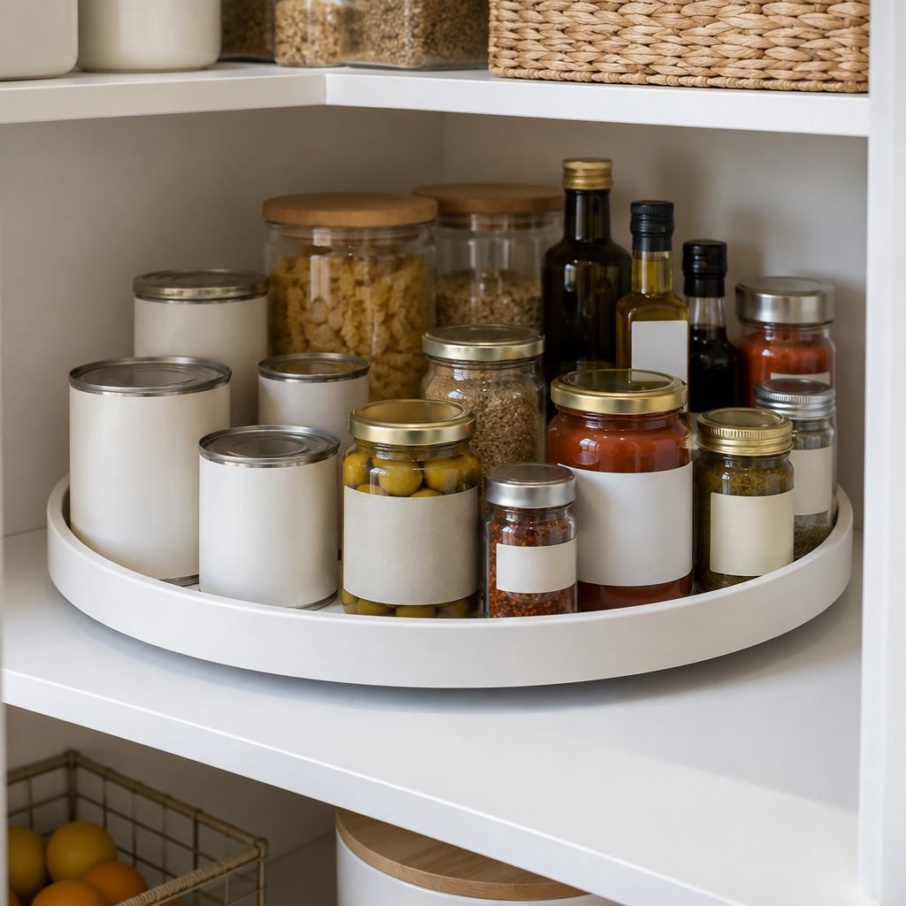 Large turntable in a deep corner pantry shelf holding jars, cans and small bottles