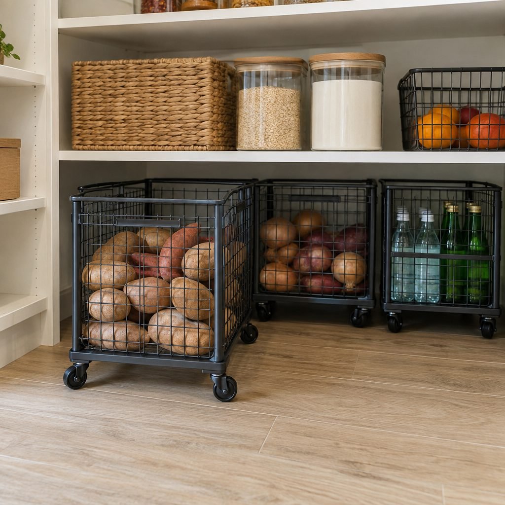 Rolling bins on casters at the bottom of a deep pantry holding potatoes, onions and drinks