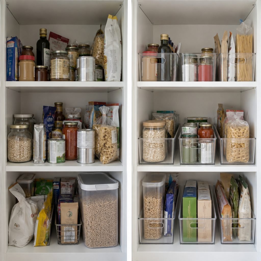 Deep pantry shelves before and after: items crammed together on the left, clear bins sorted by category on the right