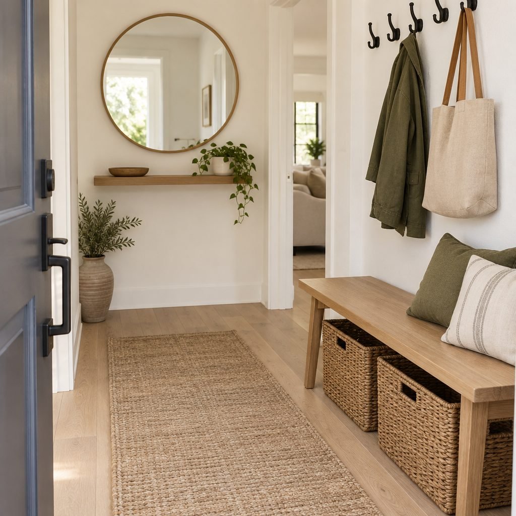 Small entryway with a bench, baskets and wall hooks
