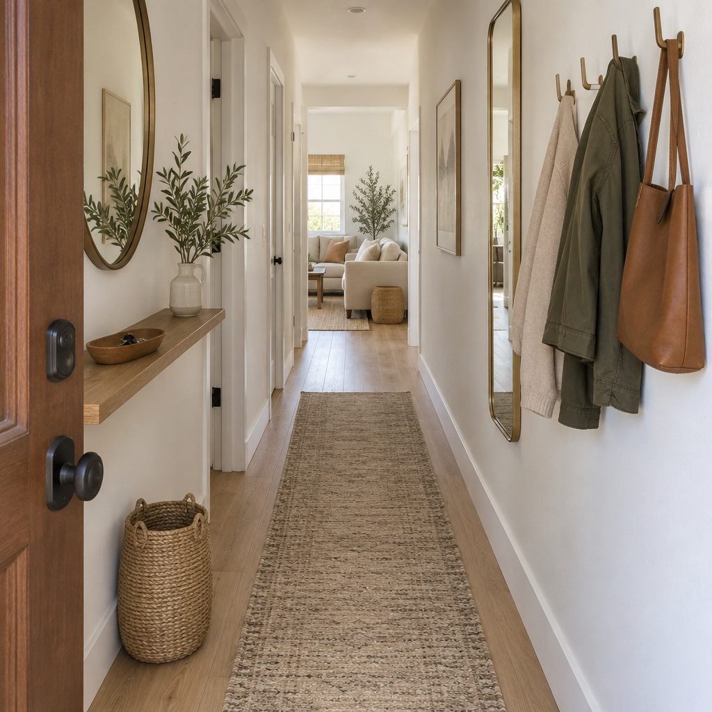 Narrow entryway with a shallow wall ledge, slim wall hooks with jackets, a tall mirror and a long runner rug
