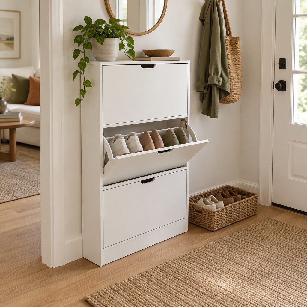Small entryway shoe storage: slim white tilt-out shoe cabinet with a drawer open and a woven tray of shoes beside it