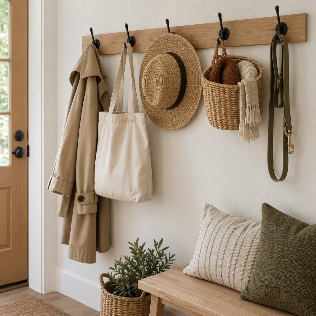 Oak peg rail with black hooks holding a trench coat, tote bag, straw hat, dog leash and a hanging basket in a small entryway