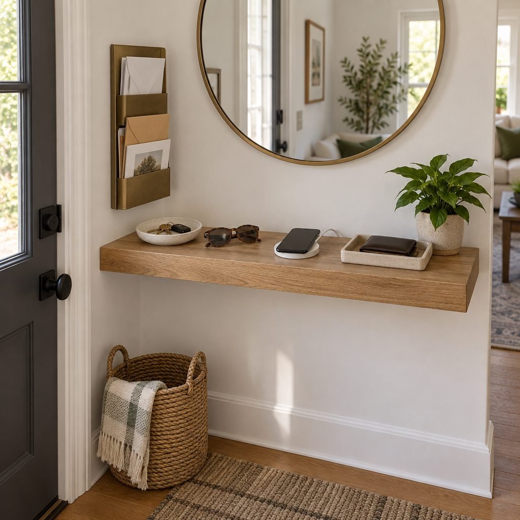 Entryway drop zone on a floating shelf with a key dish, phone, wallet tray and a wall mail organizer under a round mirror
