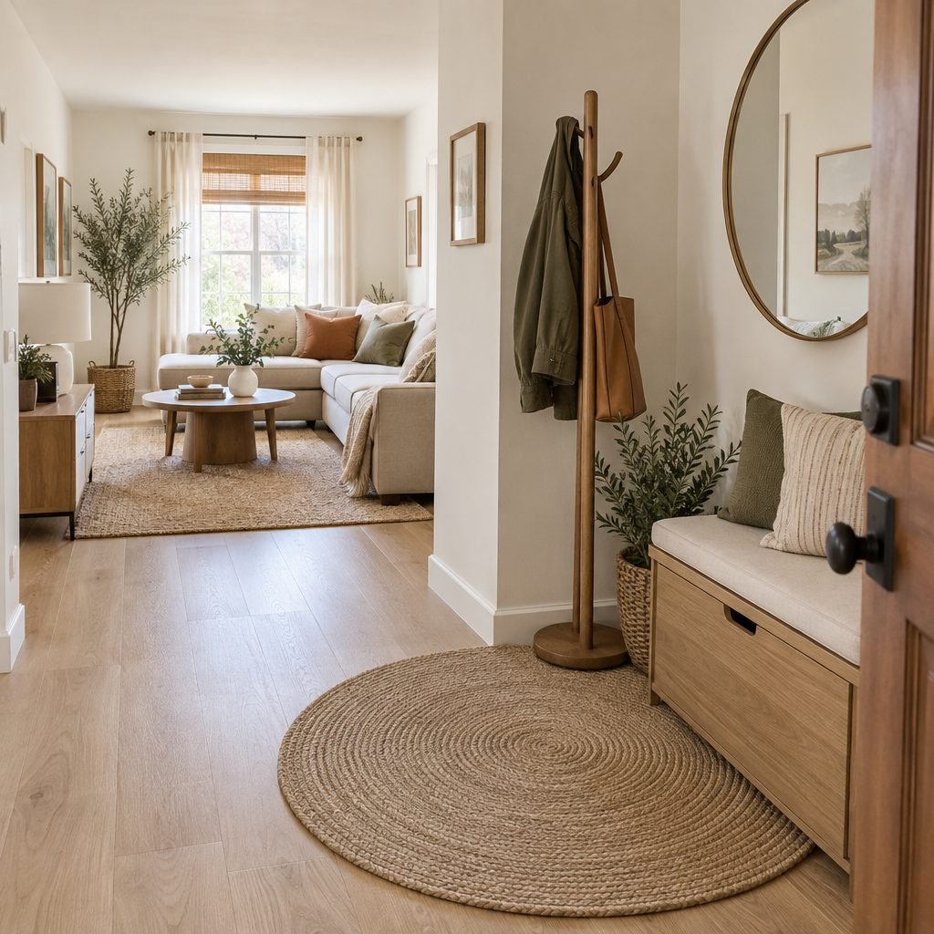 Small apartment entry zone next to the front door with a coat rack, round rug, storage bench and mirror beside the living room