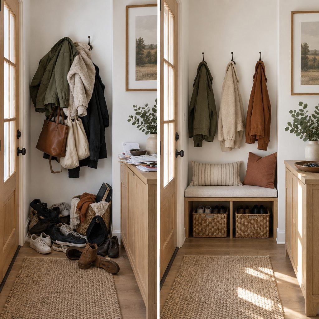 Small entryway before and after: shoes and coats piled by the door next to the same entry organized with a bench, baskets and hooks