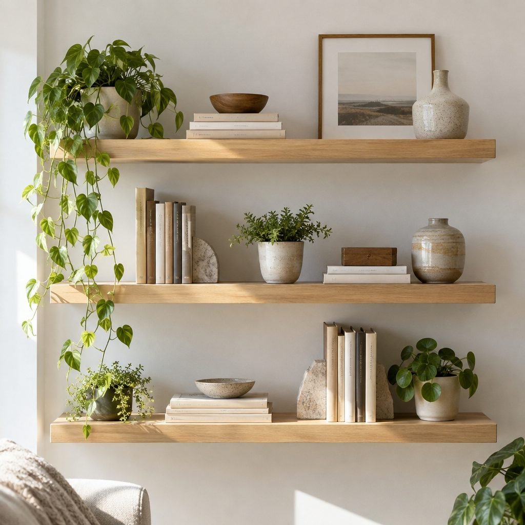 DIY floating shelves styled with books and plants