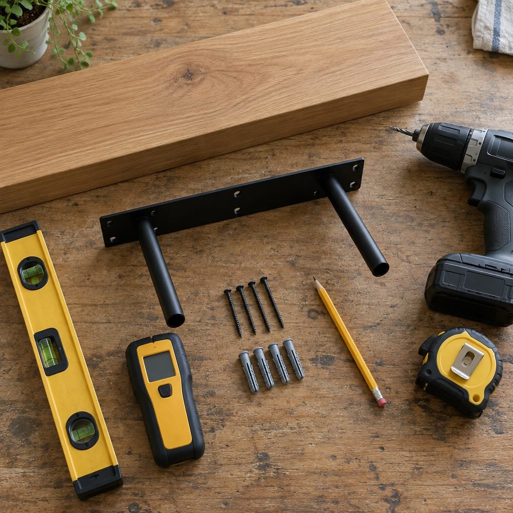 DIY floating shelf materials: oak board, hidden steel bracket with rods, drill, level, stud finder, tape measure and screws
