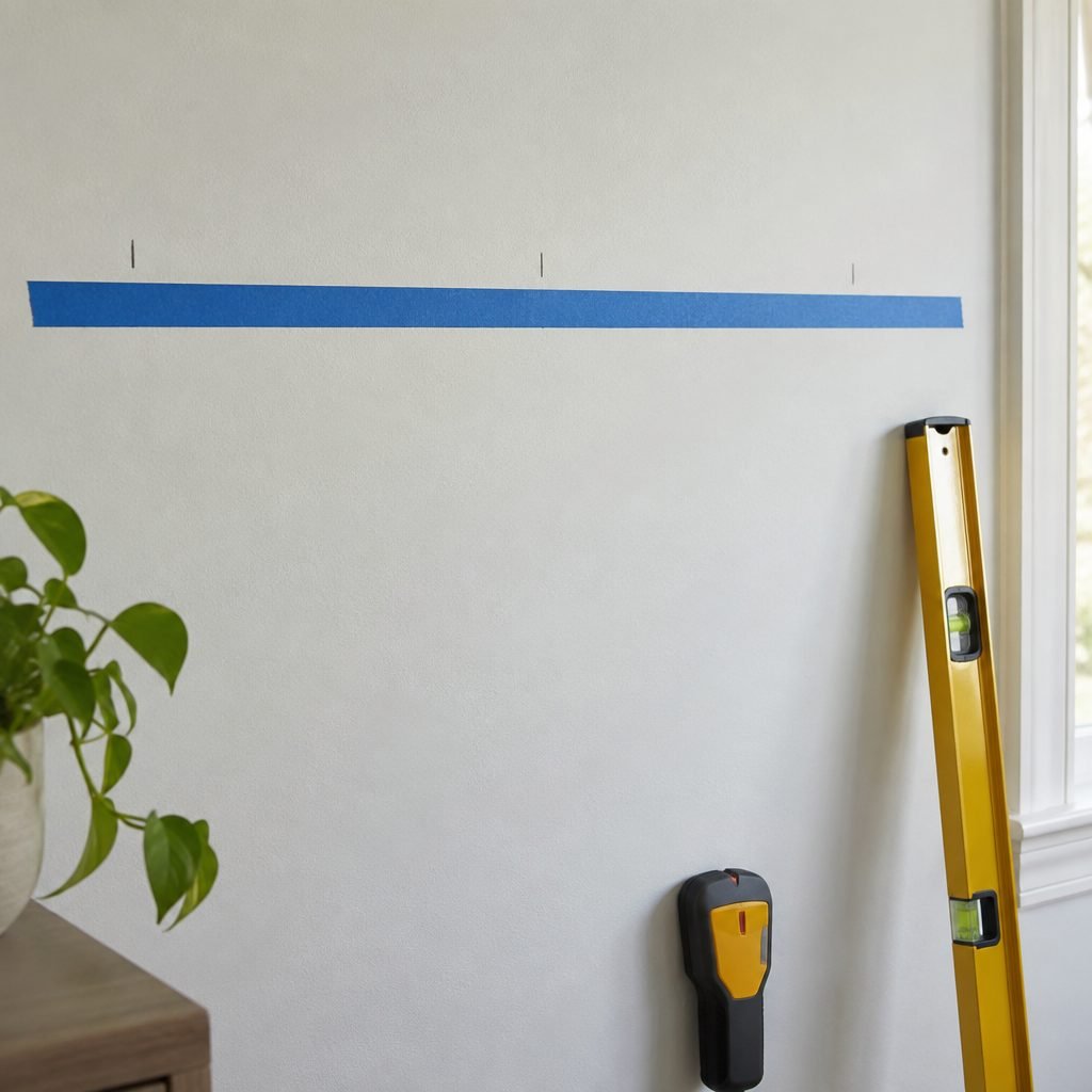 White wall marked for a floating shelf with painter's tape, pencil stud marks, a level and a stud finder