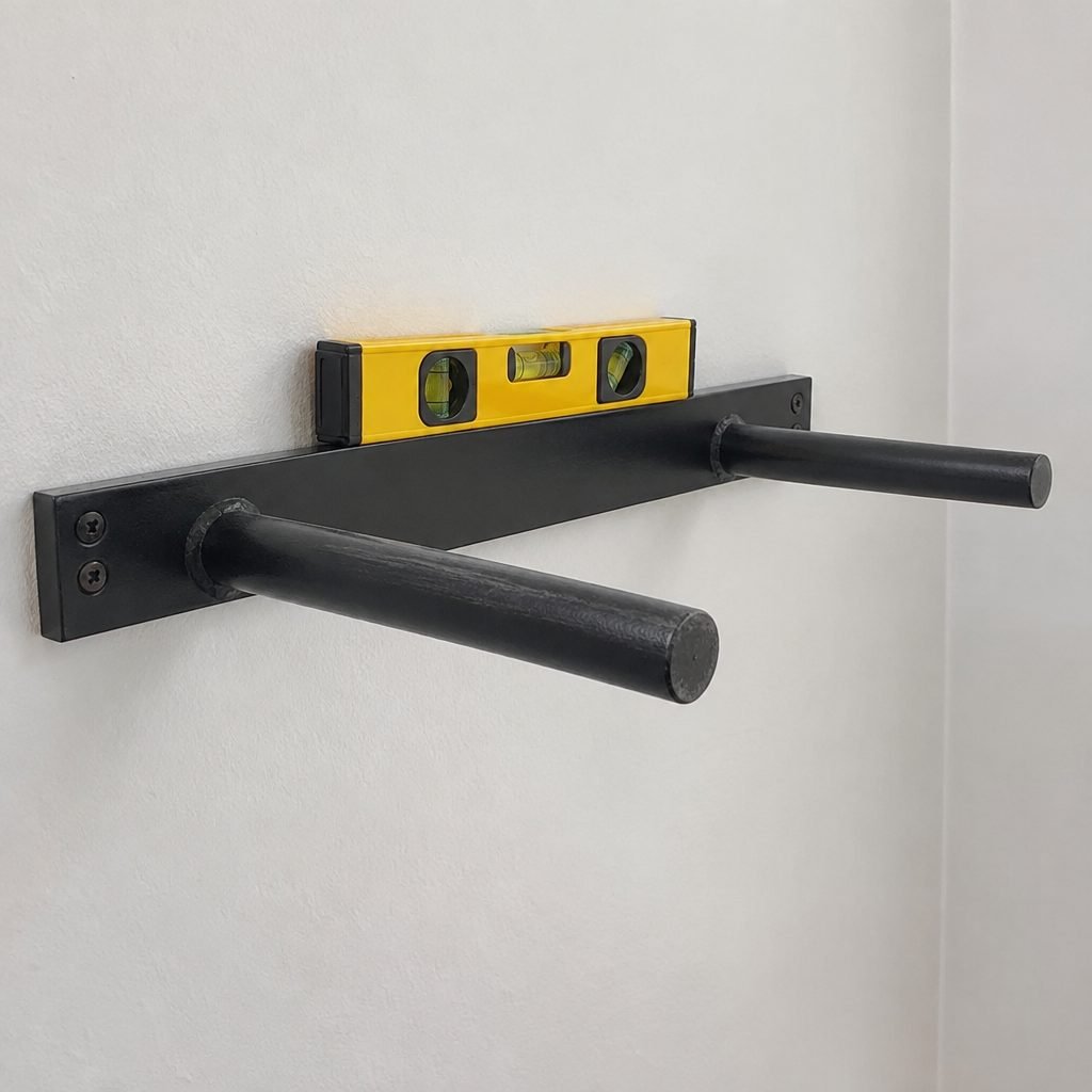 Black hidden floating shelf bracket with steel rods screwed into a white wall with a level on top