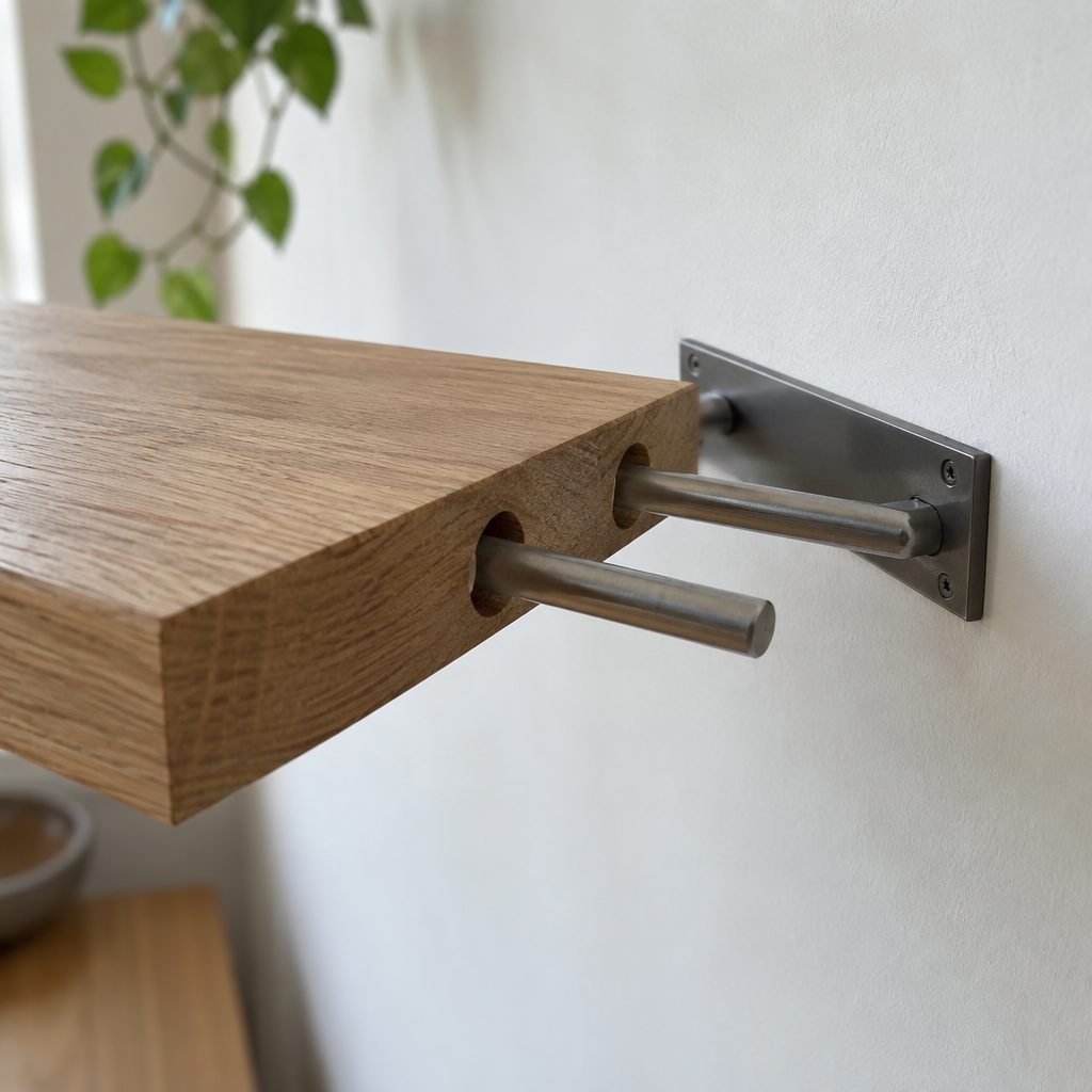 Oak shelf board with drilled holes sliding onto the rods of a hidden floating shelf bracket