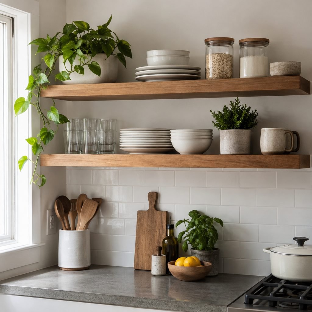 Wooden floating shelves in a small kitchen holding plates, bowls, glass jars and a plant