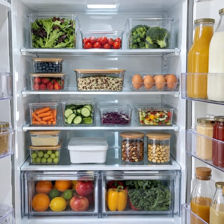 Fridge organization: open refrigerator organized with clear bins, glass containers, eggs and fresh produce in the drawers