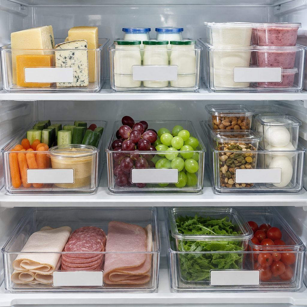 Clear bins on fridge shelves sorted by category: cheese, yogurt, snacks, fruit and deli meat