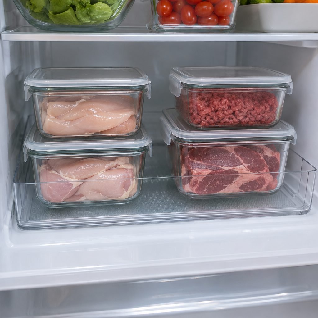 Raw chicken and meat in sealed glass containers inside a clear tray on the bottom shelf of a fridge