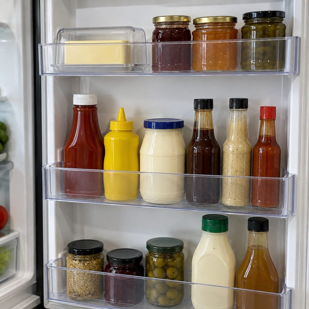 Fridge door shelves holding butter, jams, condiments and sauce bottles organized by height