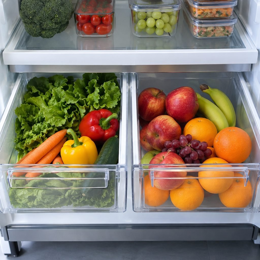 Two fridge crisper drawers pulled open, vegetables in one and fruit in the other