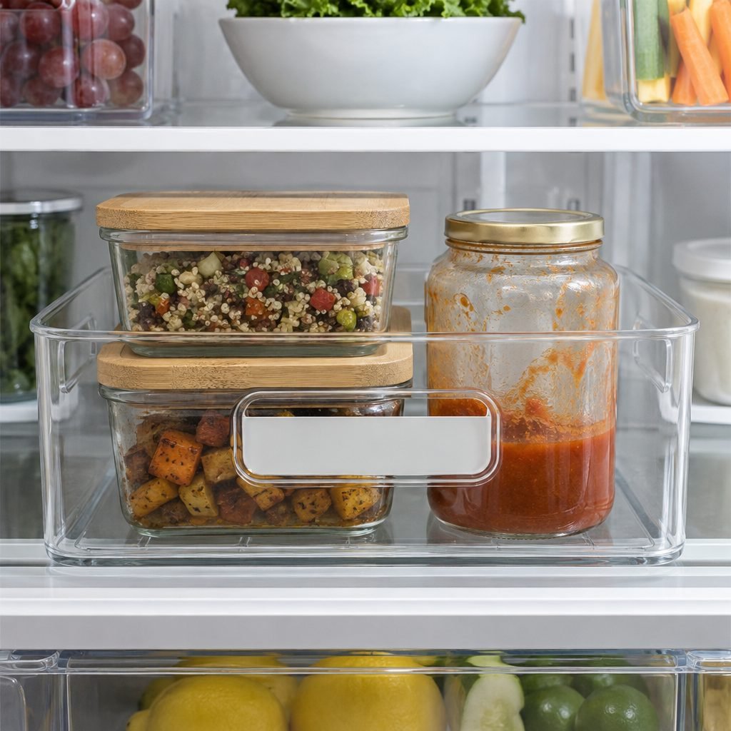 Clear eat-first bin on a fridge shelf holding leftovers in glass containers and an opened jar